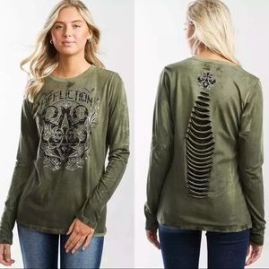 Affliction Women's T-Shirt Long Sleeve MANUFACTURE Military Green Cross Biker